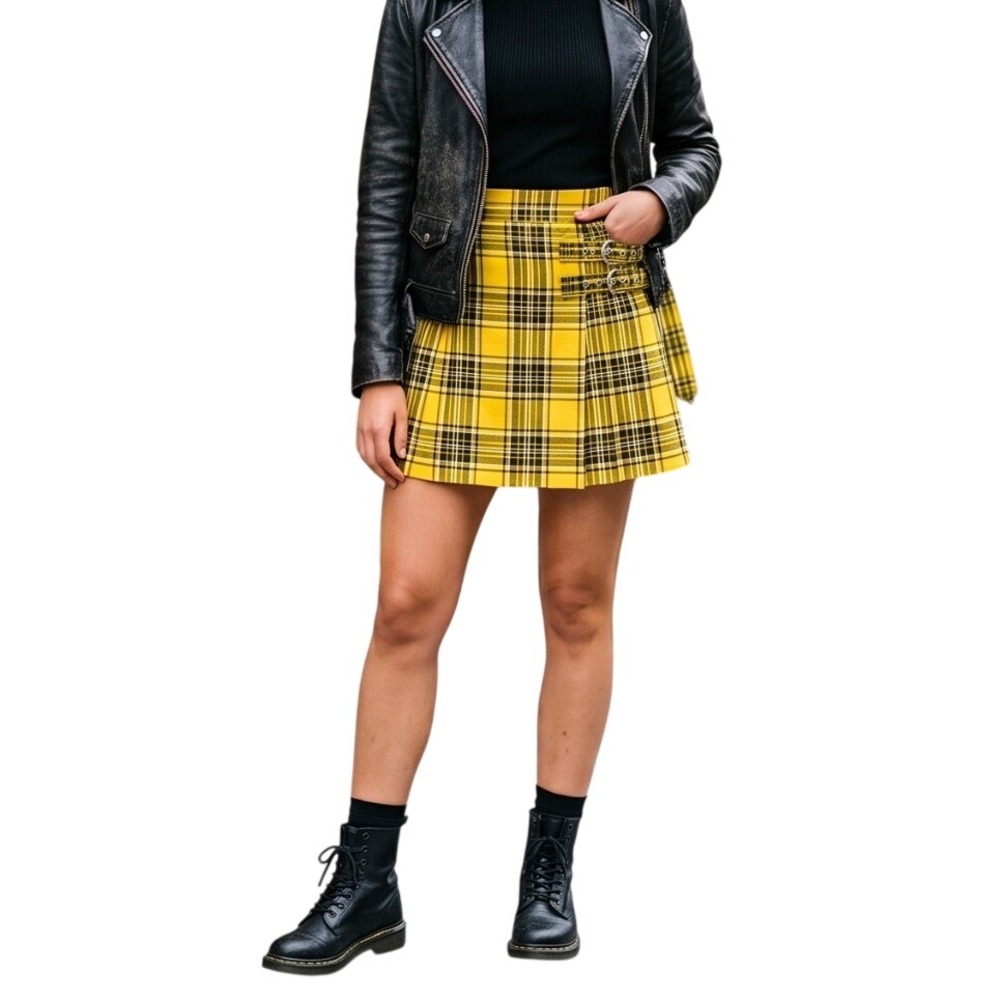 Y2K‎ Tartan Plaid Mini Skirt Women S Yellow Pleated Buckle Clueless 90s Preppy